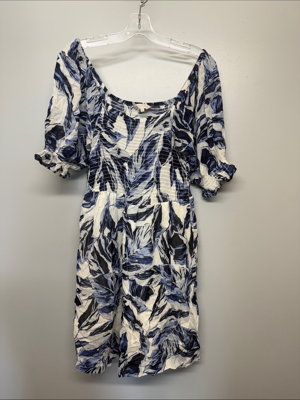 Part Two Blue and White Leaf-Print Smocked Midi Dress